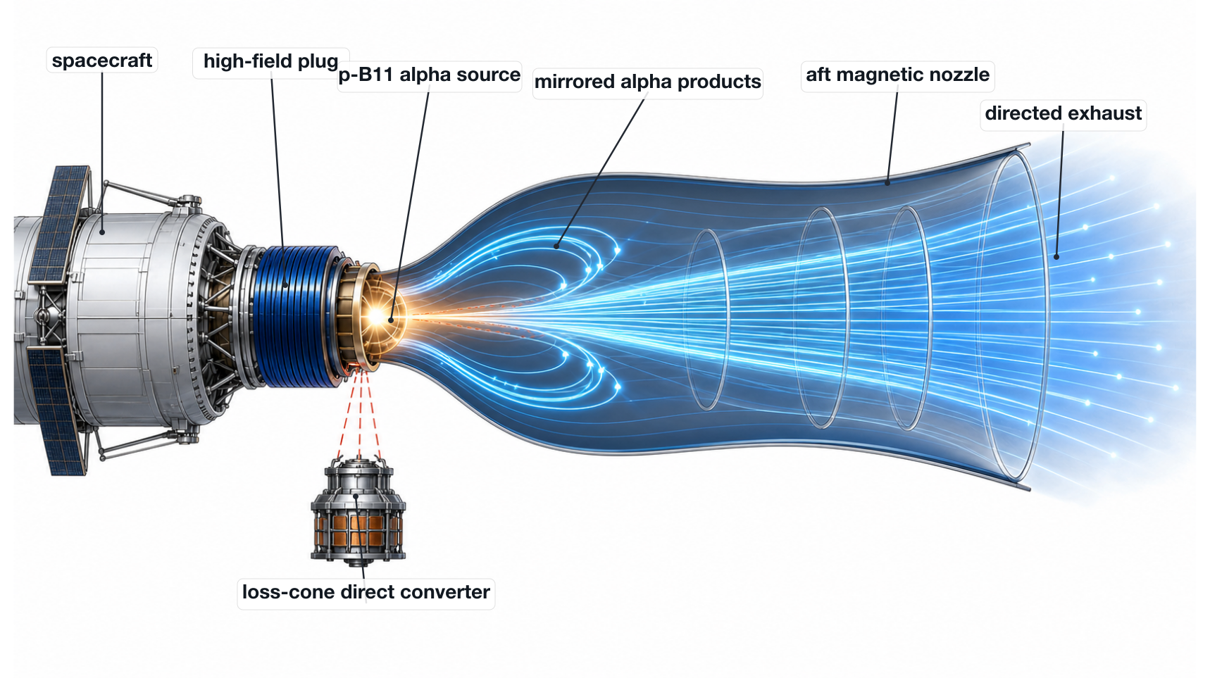 One-plug p-11B directed exhaust topology with forward magnetic plug, alpha source, aft magnetic nozzle, and forward leakage direct converter