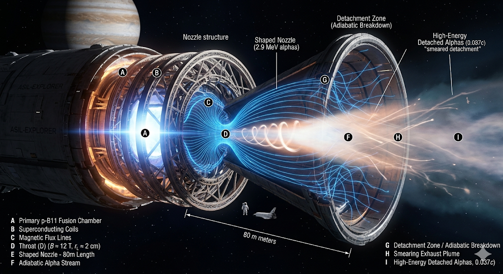 p-11B directed exhaust propulsion system: fusion core, asymmetric mirror, shaped magnetic nozzle, and collimated alpha exhaust